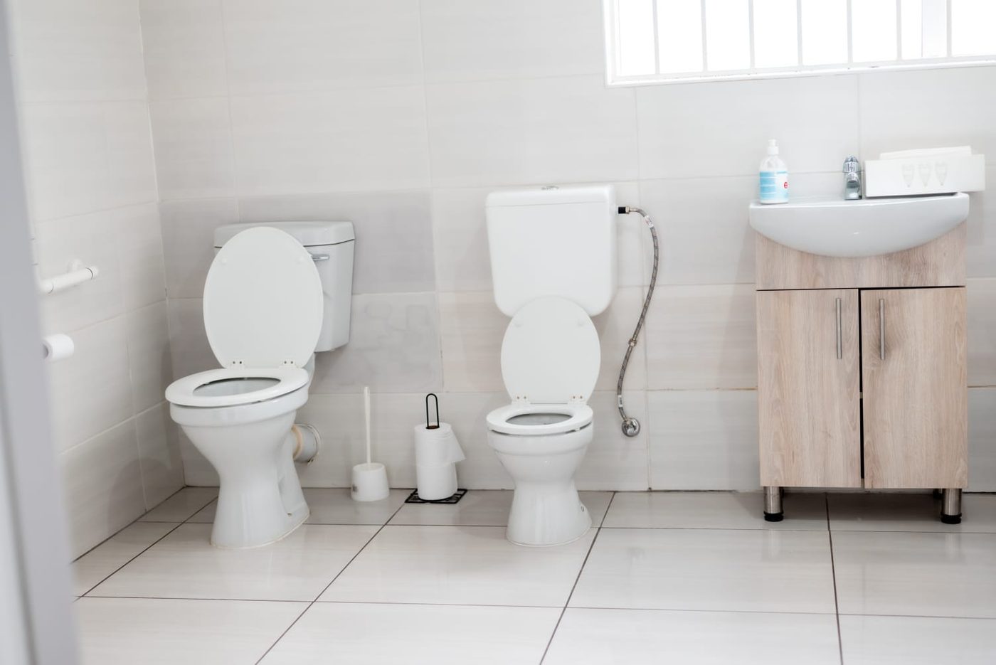 Die toilette, met 'n handreling en 'n wasbak · The toilets, with a grab rail and a basin